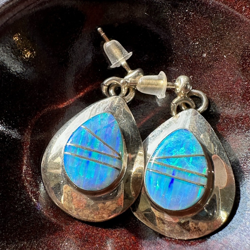 Blue Fire Opal Like Dangle Post Earrings